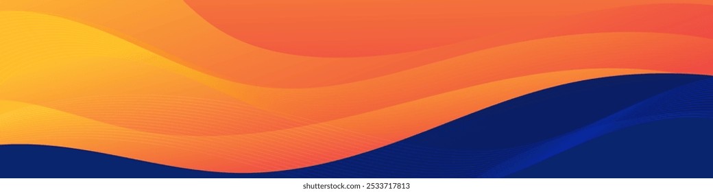 The image features an abstract background with a blue bottom and orange yellow curves transitioning to a gradient of yellow at the top. 
