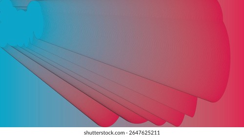 The image features abstract cloud-like forms composed of numerous fine, parallel lines. The forms have a gradient color scheme, transitioning from blue to red.
