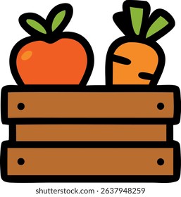 The image features an apple and a carrot arranged in a wooden crate, presented with a vibrant, cartoon-like style