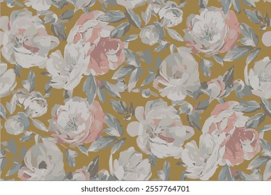 The image features a background pattern characterized by a floral motif. The design incorporates roses and other flowers, creating an artistic look reminiscent of fabric or wrapping paper. 