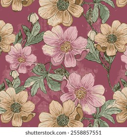 The image features a background pattern consisting of various floral motifs. This design is likely intended for use in clothing or fabric applications, as well as possibly for wrapping paper.