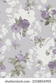 The image features a background pattern created with fabric that showcases a lilac color scheme. The design is adorned with floral elements, highlighting various flowers. Overall