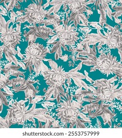 The image features a background pattern with a floral motif. It showcases elements related to clothing and fabric design, suggesting it could be used for wrapping paper or 