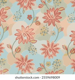 The image features a background pattern with a floral design. It incorporates various motifs of flowers, making it suitable for use in clothing, fabric, wrapping paper, or wallpaper. 