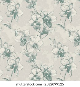 The image features a background pattern with floral designs. It showcases elements related to fabric and drawing, emphasizing intricate details of flowers. 