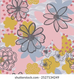 The image features a background pattern with illustrations of flowers, butterflies, and moths. This design could be used for wrapping paper or fabric.