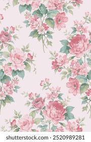 The image features a background pattern with pink rose petals creating a floral design.