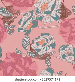 The image features a background pattern that showcases an artistic design, likely intended for use in textiles or wrapping paper. It includes floral motifs and is executed in a style