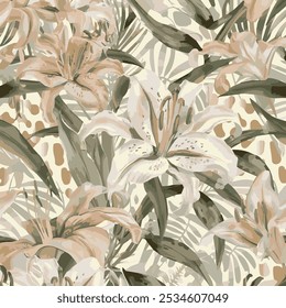 The image features a background pattern that incorporates elements related to the tags provided. It likely includes motifs of lilies, plants, and flowers, creating a vibrant and nature-inspired design