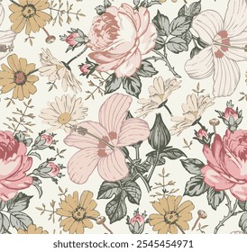 The image features a background pattern that incorporates floral elements. It utilizes illustrations of flowers and petals, resembling a fabric design. The overall aesthetic presents a vibrant and art