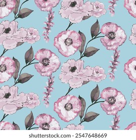 The image features a background pattern that incorporates various elements associated with flowers. The colors included are lilac and pink, which evoke a soft and gentle aesthetic, 