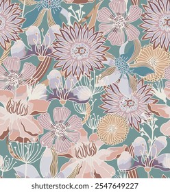 The image features a background pattern that showcases a floral motif, combining elements related to clothing and fabric design. It could be suitable for use in wrapping paper 