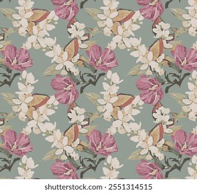 A imagem apresenta um padrão de fundo que mostra um design floral. Ele incorpora motivos que podem ser usados em várias aplicações, como roupas, papel de embrulho ou papel de parede. 