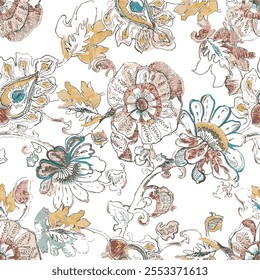 The image features a background pattern that incorporates various motifs, including flowers. It showcases clothing fabric adorned with intricate drawings and embroidery. 