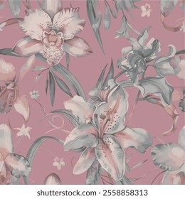 The image features a background pattern that combines elements of painting and fabric design. Floral motifs are prominent, adding a vibrant and organic touch to the overall aesthetic. 