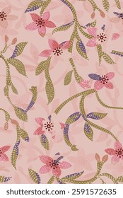 The image features a background pattern that incorporates floral motifs and intricate designs, making it suitable for clothing and fabric applications. 