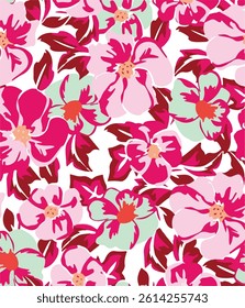 The image features a background pattern that includes floral motifs in shades of pink and lilac. It is suitable for use in various contexts such as fabric, clothing, and wrapping paper.