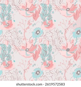 A imagem apresenta um padrão de fundo que incorpora motivos florais. É constituído por peças de vestuário e tecidos, que podem igualmente ser adequados para o papel de embrulho.