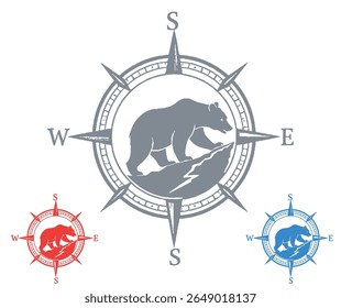 The image features a bear silhouette inside a compass rose design, with gray, red, and blue color variations on a white background.