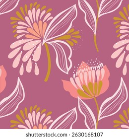 A imagem apresenta um belo padrão de flores cor-de-rosa e brancas. O design apresenta tons lilás, criando uma estética agradável que poderia se emprestar bem aos materiais de tecido.
