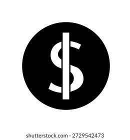A imagem apresenta um círculo preto com um símbolo de dólar branco ($) no centro. O cifrão é cortado verticalmente por uma fina linha branca. O design é simples e monocromático, enfatizando o símbolo do dólar como ponto focal.