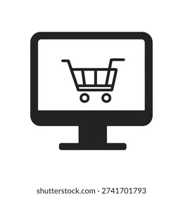 Image features a black desktop PC with a shopping cart icon on screen, all set against a plain white background. Line art style.