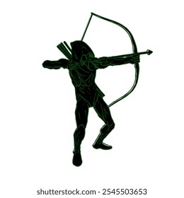 The image features a black figure of a human in an archery stance, designed with a bold logo theme. The muscles are emphasized, showcasing physical strength and focus. 
