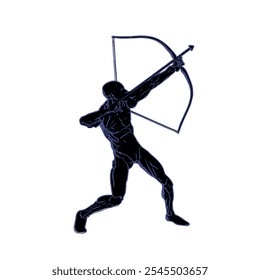 The image features a black figure of a human in an archery stance, designed with a bold logo theme. The muscles are emphasized, showcasing physical strength and focus. 