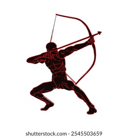 La Imagen presenta una figura negra de un humano en una postura de tiro con arco, diseñada con un audaz tema de logotipo. Los músculos se enfatizan, mostrando la fuerza física y el enfoque. 