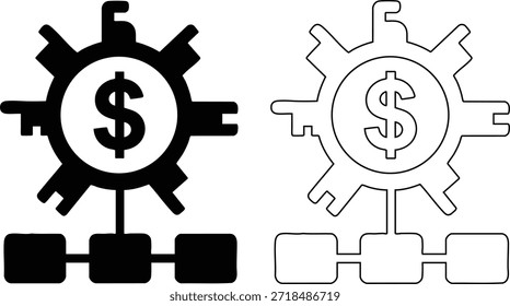 Das Bild zeigt einen schwarzen Zahnrad mit einem Dollarzeichen in der Mitte, einzeln auf transparentem Hintergrund. Es ist mit drei kleineren Quadraten unten verbunden