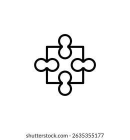 The image features a black outline of a jigsaw puzzle piece, isolated on a white background, simple design for many applications.