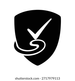 A imagem apresenta um escudo preto com uma marca de seleção branca proeminente no seu centro. Abaixo da marca de seleção, há um design espiral branca que se estende em direção à borda inferior do escudo. O design geral sugere temas de verificação, segurança e proteção.