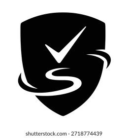 The image features a black shield with a white checkmark at the top center. Below the checkmark, there is a stylized white letter 'S' enclosed within a dynamic, swirling design. The overall design conveys a sense of security and verification.