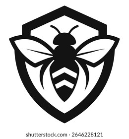 Image features a black silhouetted bee within a shield. The bee displays stripes and wing details, and it is positioned against a white space; transparent backdrop.
