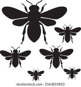 The image features black silhouettes of bees in various sizes on a white background. The bees are depicted with distinct wings, bodies, and antennae, showcasing their recognizable shape and structure.