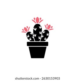 A imagem apresenta um cacto vetorial preto com três flores cor-de-rosa sobre cada segmento, plantadas em um vaso preto, adornadas com padrões em forma de seta branca.