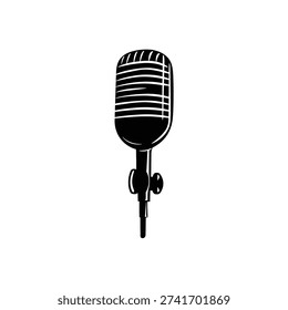 Image features a black vintage microphone on transparent background. The microphone is detailed with a stand and adjustment knobs.