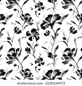 The image features a black and white floral pattern, showcasing intricate designs of flowers on a monochrome background. This pattern is suitable for various applications such as clothing and fabric.