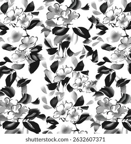 The image features a black and white floral pattern, showcasing intricate designs of flowers and foliage. It utilizes a monochrome palette to emphasize the details of the floral art.