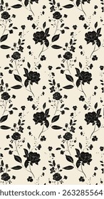 The image features a black and white floral pattern. It includes motifs of various flowers, complemented by butterflies and moths, creating an intricate design suitable for fabric.