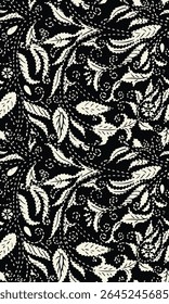 The image features a black and white floral pattern. This design can be used in various applications, including clothing, fabric, and wrapping paper.