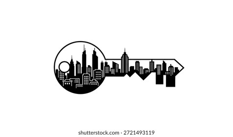 Das Bild zeigt eine schwarz-weiße grafische Illustration eines Stadtbildes in Form einer Taste. Dieses Design umfasst architektonische Elemente wie Gebäude, Wolkenkratzer und die Stadt