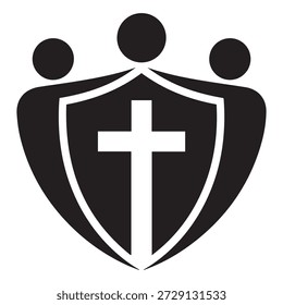 A imagem apresenta um gráfico preto e branco simbolizando fé e proteção. Ele retrata três figuras humanas estilizadas que estão atrás de um escudo, que é adornado com uma cruz branca. A cruz é um símbolo proeminente do cristianismo, representando a fé e a espiritualidade. O escudo sugere proteção e unidade, enfatizando a ideia de salvaguardar as crenças e a comunidade.