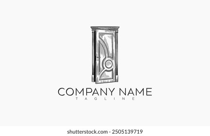 The image features a black and white illustration of a doorway, depicted as a simple, unadorned entrance with a visible frame.