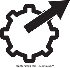 The image features a black and white illustration of a gear with an arrow pointing upwards through its center. The gear has a serrated edge, and the arrow is thick with a triangular tip, indicating upward movement or progress.