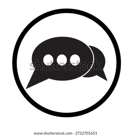 The image features a black and white illustration of a speech bubble containing three white dots. The speech bubble is outlined in black and is positioned centrally within a larger black circle. The dots are evenly spaced and aligned horizontally within the speech bubble.
