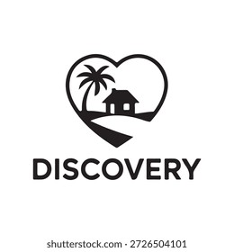 La Imagen presenta un logotipo en blanco y negro con forma de corazón que contiene una palmera y una casa. La palabra 'DESCUBRIMIENTO' está escrita debajo del corazón.