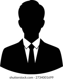The image features a black and white silhouette of a man dressed in a formal suit and tie. The figure is shown from the front, with the head, shoulders, and upper body clearly visible. The silhouette is set against a plain background, emphasizing the simplicity and clarity of the image.