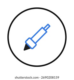 A imagem apresenta um símbolo de caneta digital azul dentro de um círculo contra um fundo branco, perfeito para simbolizar projetos de design criativo ou gráfico moderno e conteúdo relacionado à comunicação, também