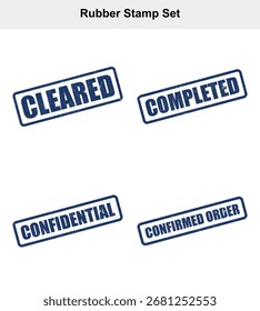 The image features blue rubber stamp set. The stamp show words like cleared, completed, confidential, and confirmed order. Isolated on a white background.